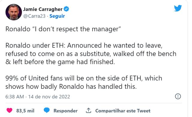 glow-kaiyun.com-卡拉格评C罗炮轰：99%曼联球迷会站在滕哈赫一边